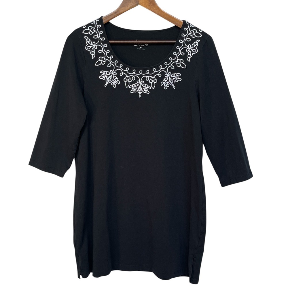 Denim & Co Black Top Medium Embroidered Neck 3/4 Sleeve Casual